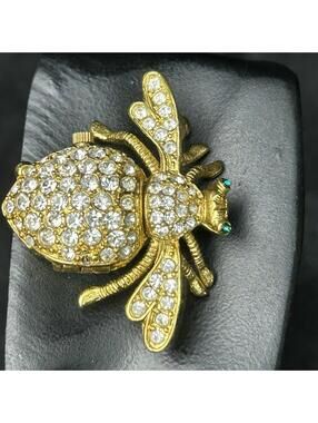 VTG Joan Rivers Crystal Pave Bumble Bee Watch Brooch Pin Gold Tone NEEDS BATTERY